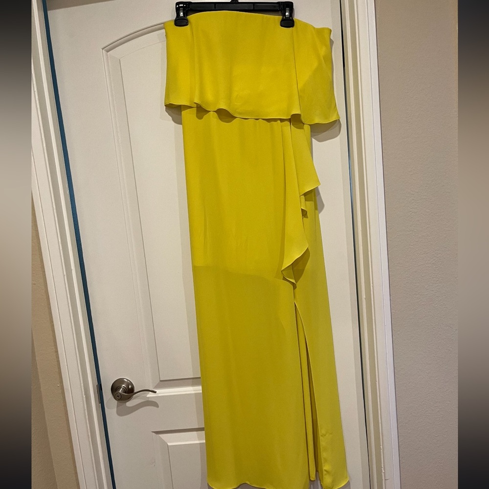 Bcbg yellow strapless long dress with short lining under